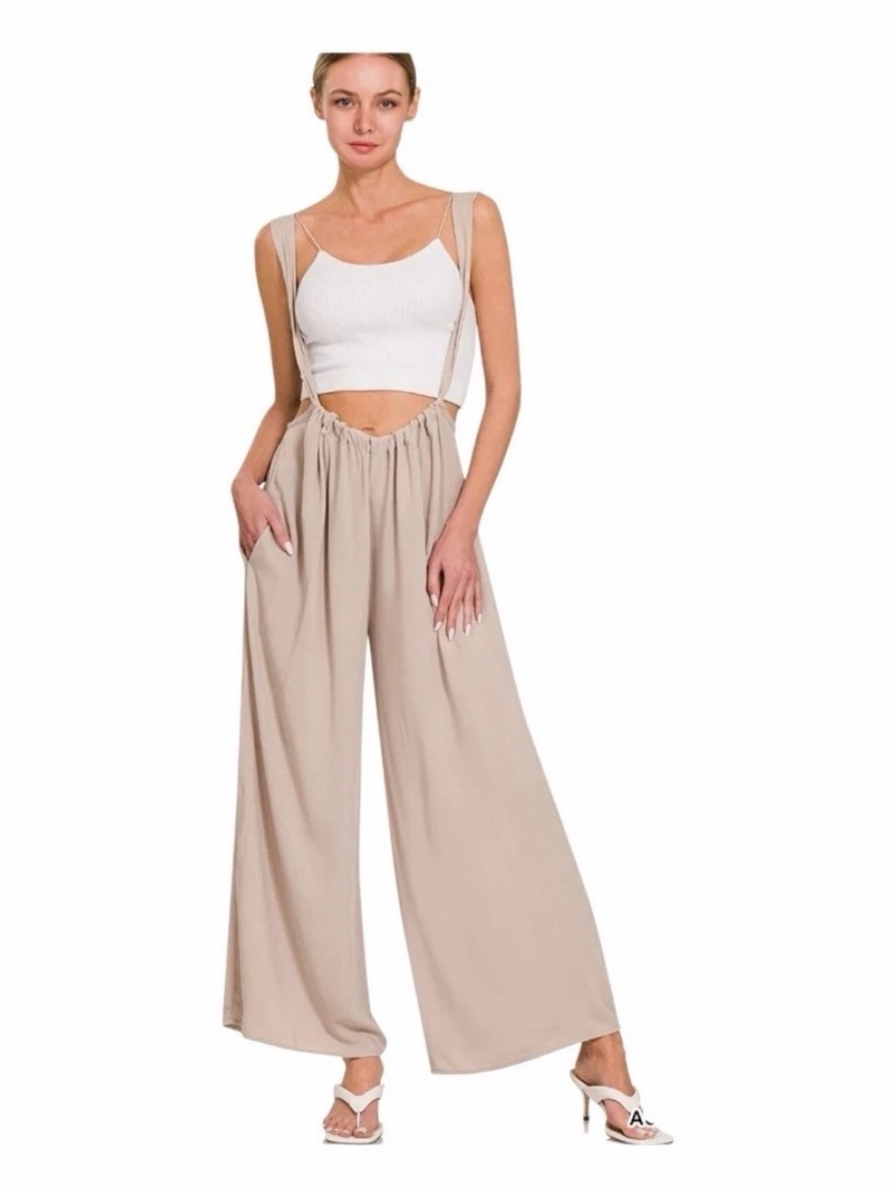 Zenana Outfitters Beige Wide Leg Suspender Pants